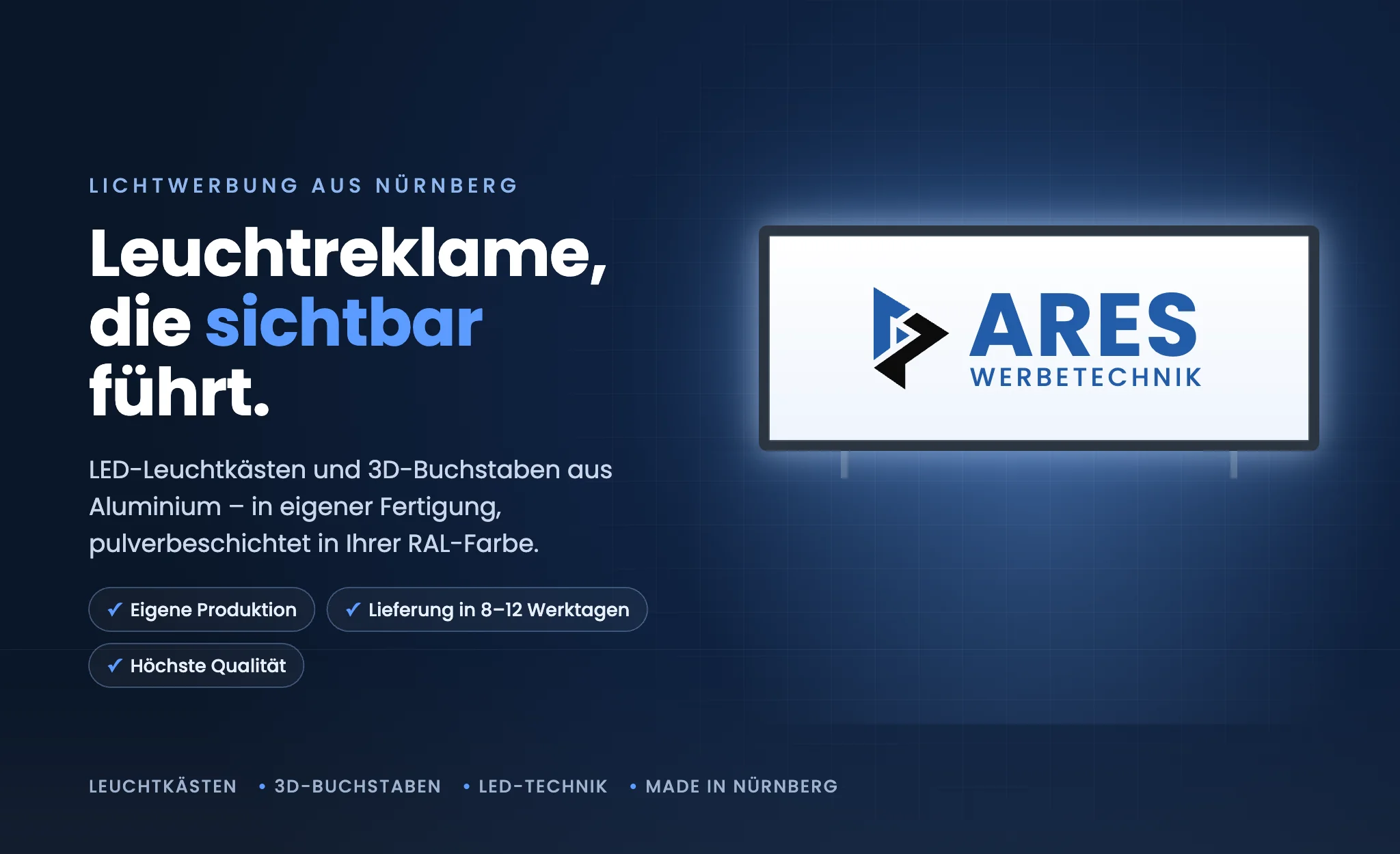 Leuchtreklame aus Nürnberg – LED-Leuchtkasten mit Ares-Werbetechnik Logo